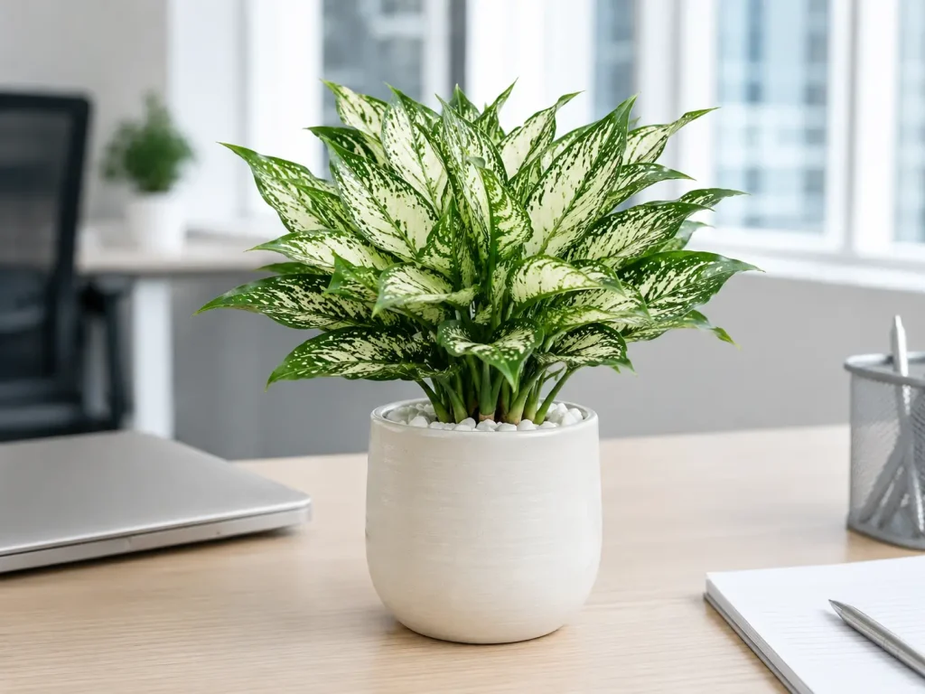Cây Ngọc Ngân mini để bàn làm việc Cây Ngọc Ngân mini có tán lá xanh trắng cân đối, kích thước gọn, phù hợp đặt trên bàn làm việc, bàn học hoặc quầy tư vấn.