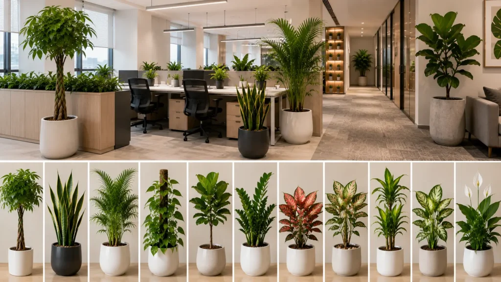 Hình ảnh minh họa không gian văn phòng hiện đại được setup nhiều loại cây nội thất như kim ngân, lưỡi hổ, cau Hawaii, bàng Singapore và trầu bà cột. Các dòng cây được bố trí tại khu vực làm việc, hành lang và quầy lễ tân nhằm tăng tính thẩm mỹ và tạo cảm giác chuyên nghiệp hơn cho văn phòng.