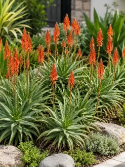 Hình ảnh cây nha đam Aloe Arborescens được trồng theo cụm trong sân vườn với đặc điểm lá nhỏ, mọc dày và khả năng tạo điểm nhấn cảnh quan cao. Khi trưởng thành, cây có thể ra hoa đỏ cam nổi bật, thích hợp cho không gian ngoại thất nhiệt đới.
