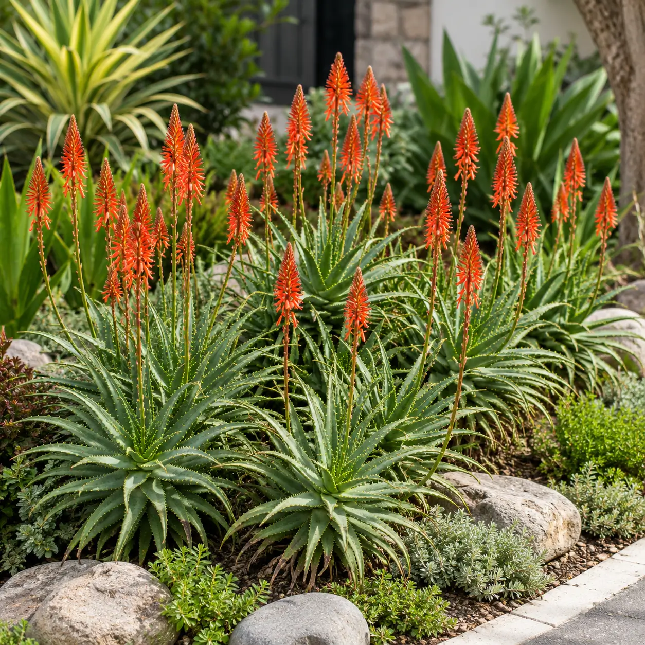 Hình ảnh cây nha đam Aloe Arborescens được trồng theo cụm trong sân vườn với đặc điểm lá nhỏ, mọc dày và khả năng tạo điểm nhấn cảnh quan cao. Khi trưởng thành, cây có thể ra hoa đỏ cam nổi bật, thích hợp cho không gian ngoại thất nhiệt đới.