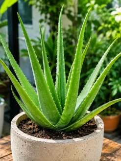 Hình ảnh cây nha đam Aloe Vera được trồng trong chậu decor với lá lớn, mọng nước và phát triển cân đối. Đây là loại cây cảnh dễ chăm sóc, chịu nắng tốt và phù hợp cho nhiều không gian sống hiện đại.