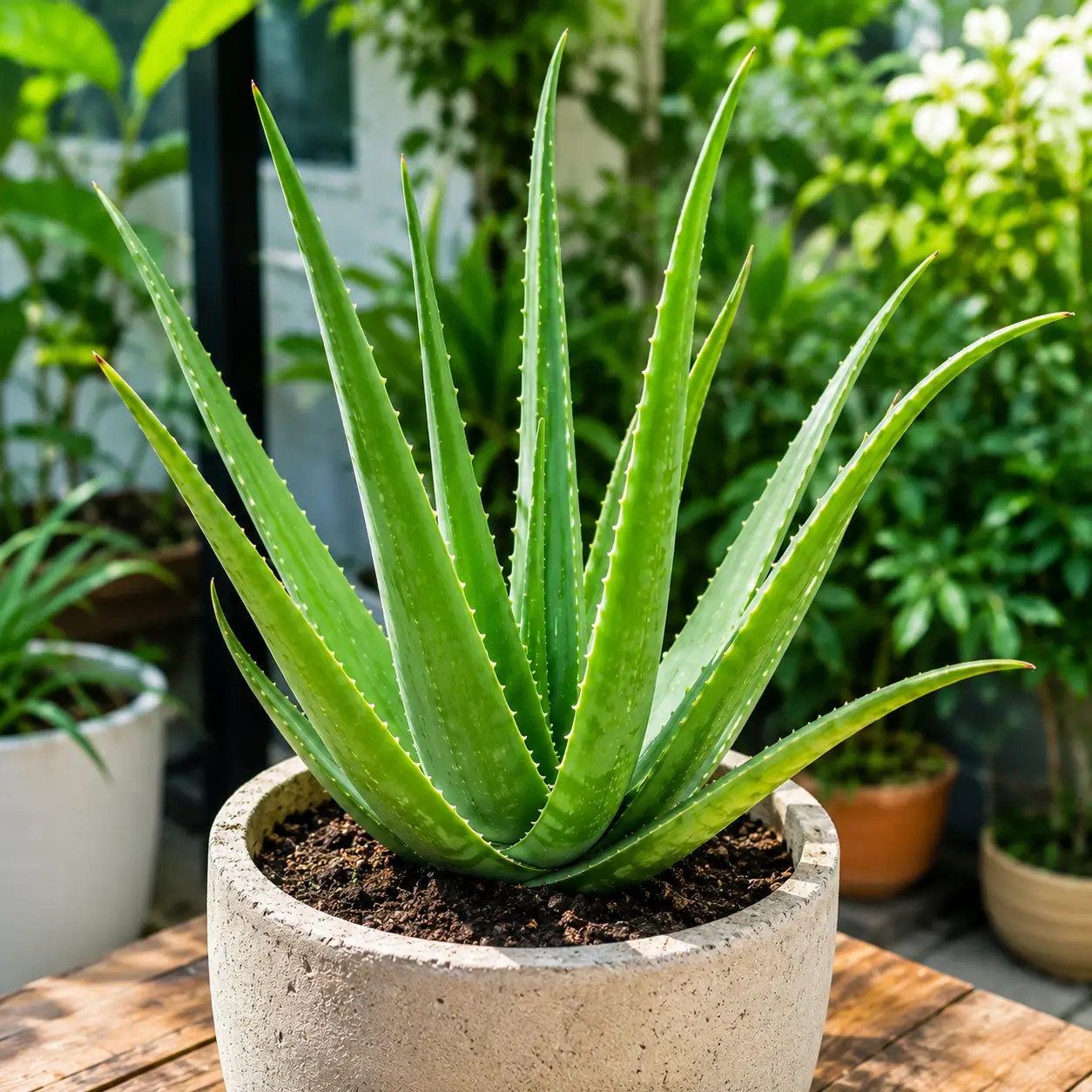 Hình ảnh cây nha đam Aloe Vera được trồng trong chậu decor với lá lớn, mọng nước và phát triển cân đối. Đây là loại cây cảnh dễ chăm sóc, chịu nắng tốt và phù hợp cho nhiều không gian sống hiện đại.