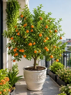 Hình ảnh cây quýt đường trồng trong chậu đặt tại ban công nhiều nắng. Tán lá xanh kết hợp quả vàng cam giúp không gian ban công trở nên tươi mát và gần gũi thiên nhiên hơn.