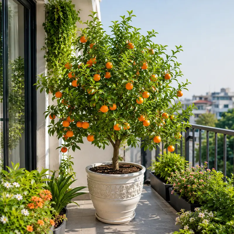 Hình ảnh cây quýt đường trồng trong chậu đặt tại ban công nhiều nắng. Tán lá xanh kết hợp quả vàng cam giúp không gian ban công trở nên tươi mát và gần gũi thiên nhiên hơn.