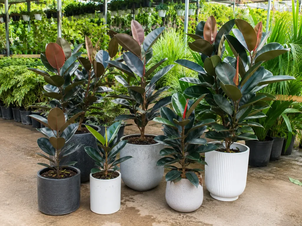 Nhiều chậu Cây Đa Búp Đỏ tại khu trưng bày cây cảnh Hình ảnh bộ Cây Đa Búp Đỏ tại vườn hoặc khu trưng bày cây cảnh, giúp khách hàng dễ hình dung kích thước, dáng cây và mẫu chậu trước khi chọn mua.