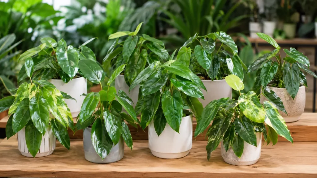 Hình ảnh bộ nhiều chậu cây Trầu Bà Tỷ Phú phối chậu trắng và chậu màu trung tính, đặt tại khu trưng bày cây xanh.