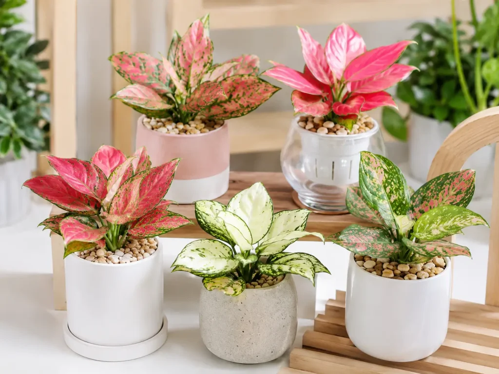 Hình ảnh nhiều mẫu cây Vạn Lộc nhỏ gọn được phối chậu sứ, chậu đá mài và chậu thủy sinh, thích hợp cho bàn làm việc, kệ văn phòng và quầy lễ tân.