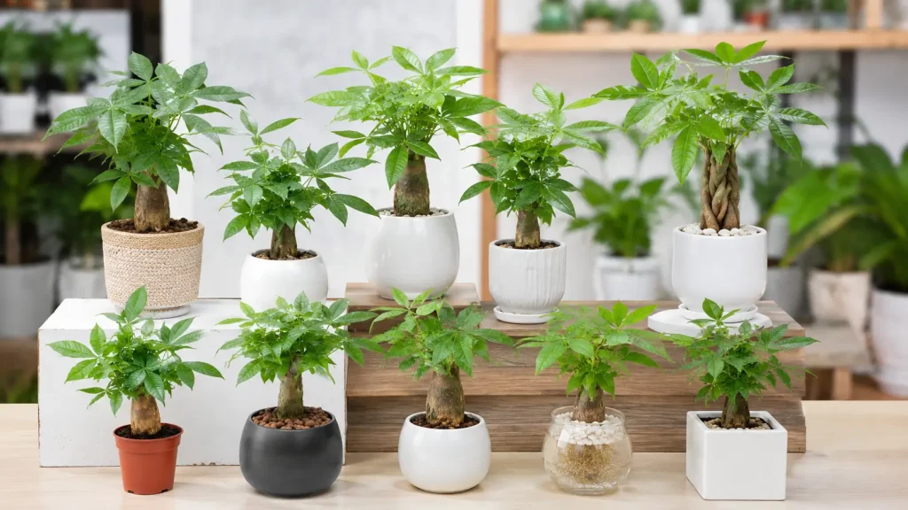 Hình ảnh bộ sưu tập nhiều mẫu cây Kim Ngân với các quy cách khác nhau, gồm cây mini để bàn, cây phối chậu sứ, cây thân bính và cây thủy sinh, phù hợp cho khách hàng tham khảo trước khi mua.