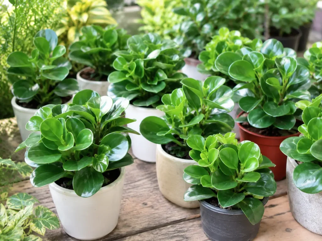 Hình ảnh nhiều mẫu cây Trường Sinh với lá xanh bóng, dáng bụi nhỏ gọn, đặt tại khu vực vườn cây.