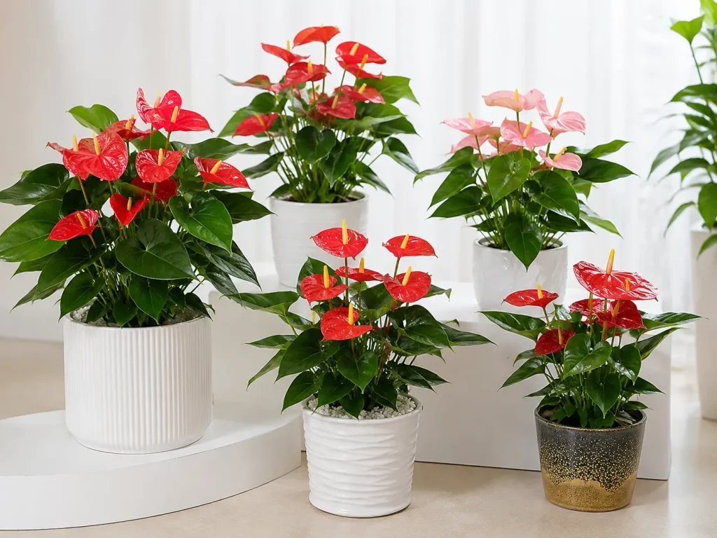 Nhiều mẫu cây Hồng Môn để bàn phối chậu tại Vườn Nắng Hình ảnh nhiều mẫu cây Hồng Môn được trưng bày cùng nhau, gồm cây hoa đỏ chủ đạo và một số mẫu hoa hồng nhạt.