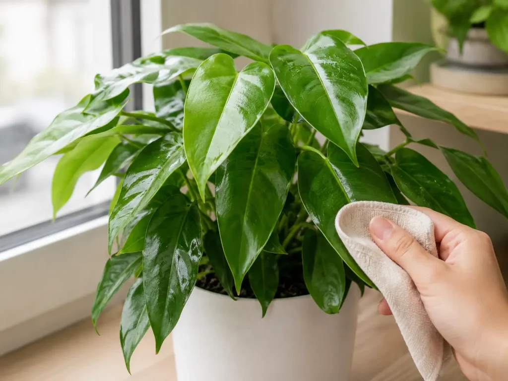 Hình ảnh minh họa cách chăm sóc cây Trầu Bà Tỷ Phú trong nhà, đặt gần cửa sổ có ánh sáng gián tiếp và lau lá bằng khăn mềm.