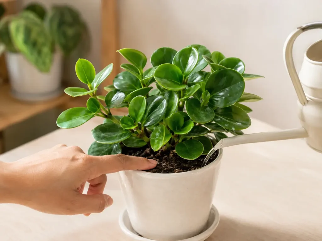 Hình ảnh chăm sóc cây Trường Sinh để bàn với thao tác kiểm tra độ ẩm đất và tưới nước lượng vừa phải