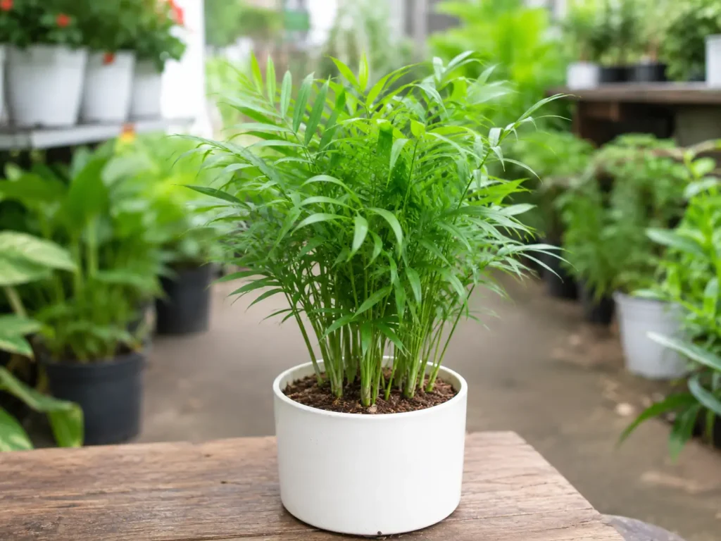 Cây Cau Tiểu Trâm chụp thực tế tại vườn Hình ảnh cây Cau Tiểu Trâm đặt trong không gian nhà vườn với hậu cảnh cây xanh mờ nhẹ, thể hiện dáng cây thực tế, lá xanh thanh mảnh và tổng thể khỏe đẹp.