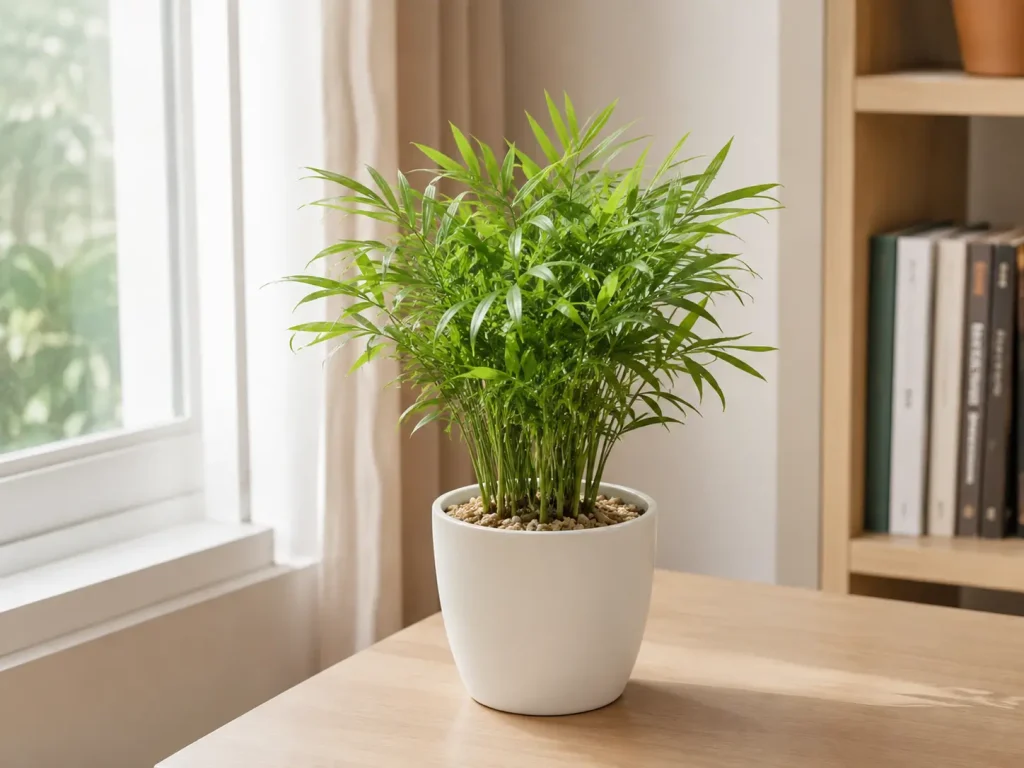 Cây Cau Tiểu Trâm trang trí nội thất căn hộ gần cửa sổ Hình ảnh cây Cau Tiểu Trâm trong không gian căn hộ hoặc phòng làm việc tại nhà, tạo cảm giác xanh mát, tự nhiên và gần gũi.