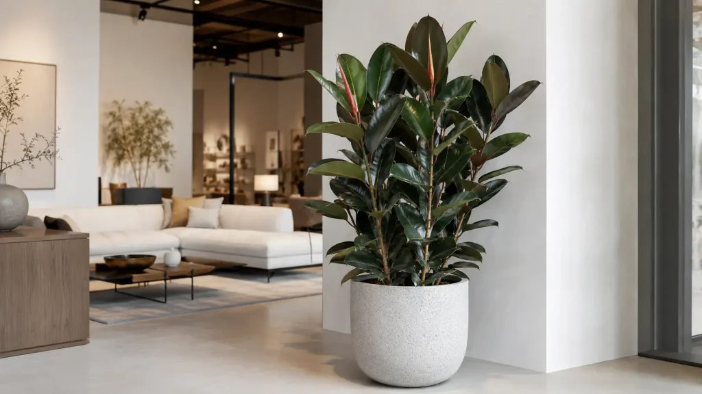 Cây Đa Búp Đỏ lớn đặt tại showroom nội thất hiện đại Hình ảnh Cây Đa Búp Đỏ phối chậu đá mài cao cấp trong showroom nội thất, phù hợp với không gian kinh doanh cần sự chỉn chu và thẩm mỹ.