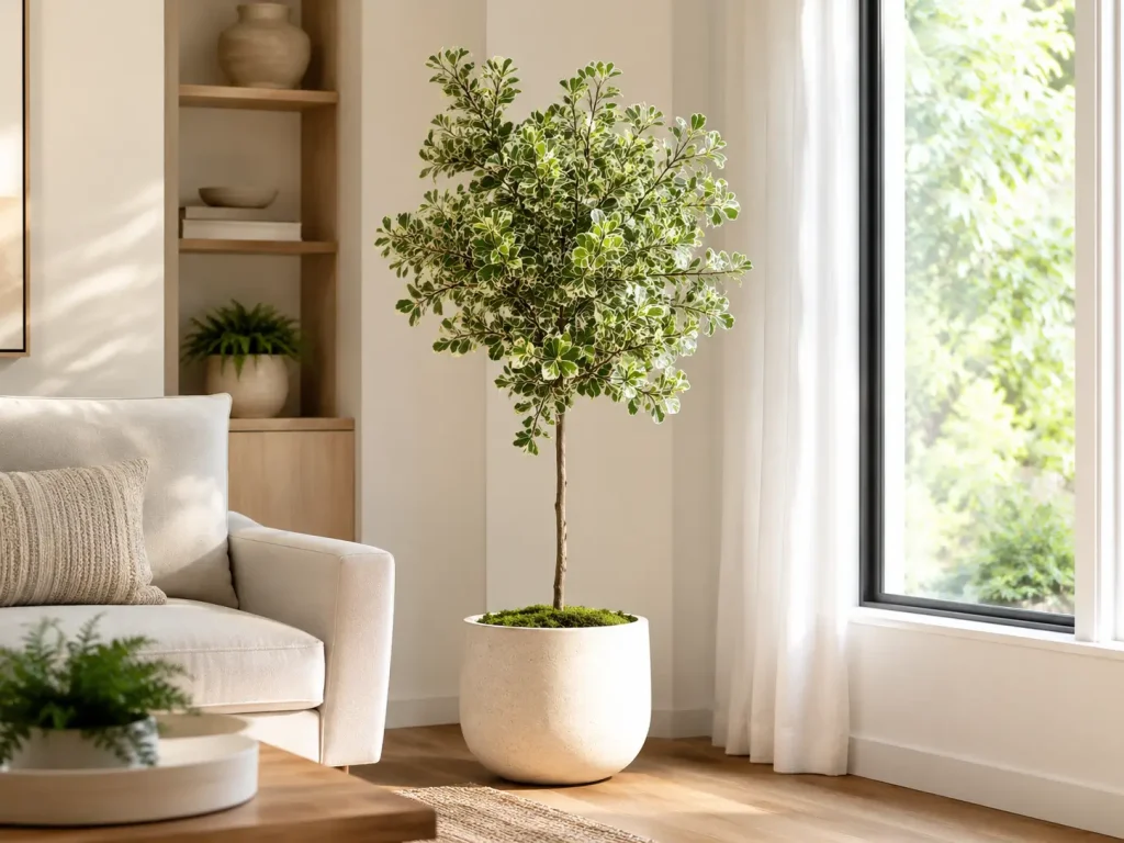 Cây Đa Tam Phúc đặt tại phòng khách gần cửa sổ Hình ảnh cây Đa Tam Phúc đặt tại phòng khách sáng, gần khu vực cửa sổ và sofa. Với tán lá cẩm thạch đẹp, cây giúp không gian sống trở nên nhẹ nhàng, thoáng đãng và giàu tính trang trí.