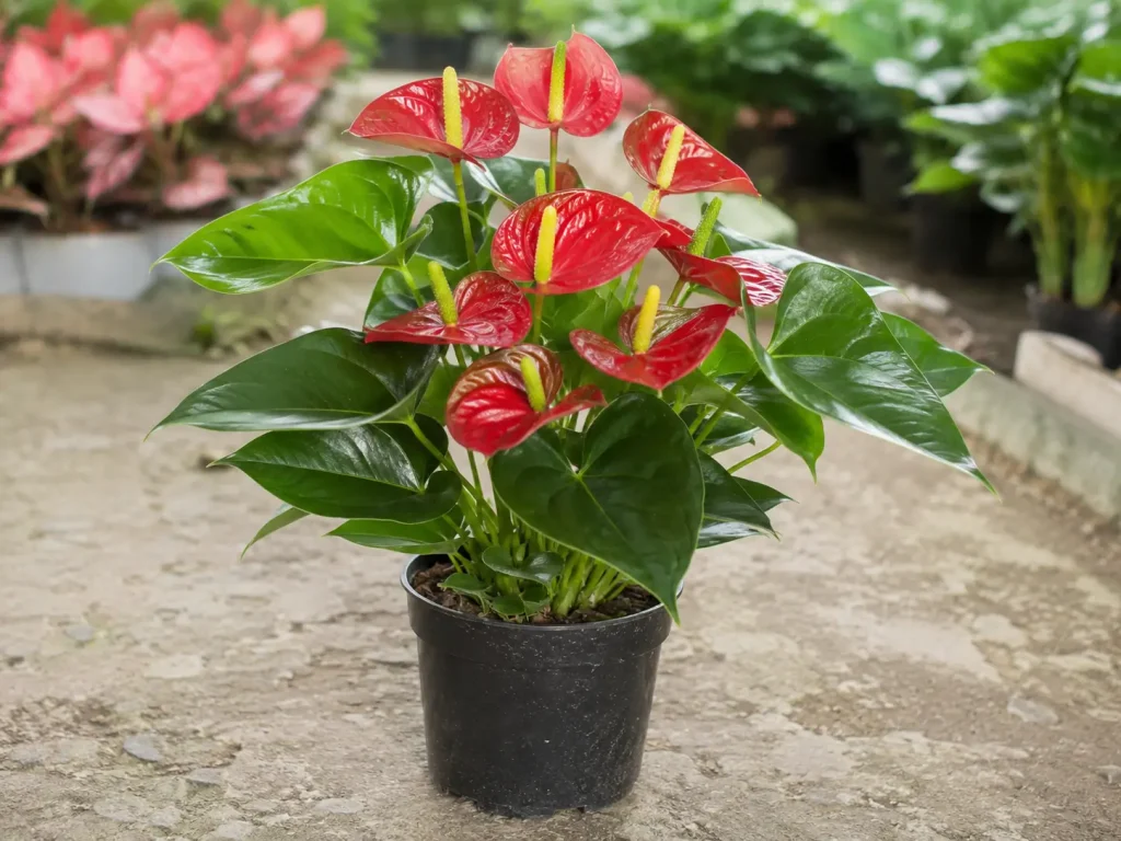 Cây Hồng Môn bầu nhựa chụp thực tế tại vườn Hình ảnh cây Hồng Môn bầu nhựa được chụp trong bối cảnh vườn cây thực tế. Cây có hoa đỏ bóng, trụ hoa vàng xanh, lá xanh đậm và dáng bụi gọn