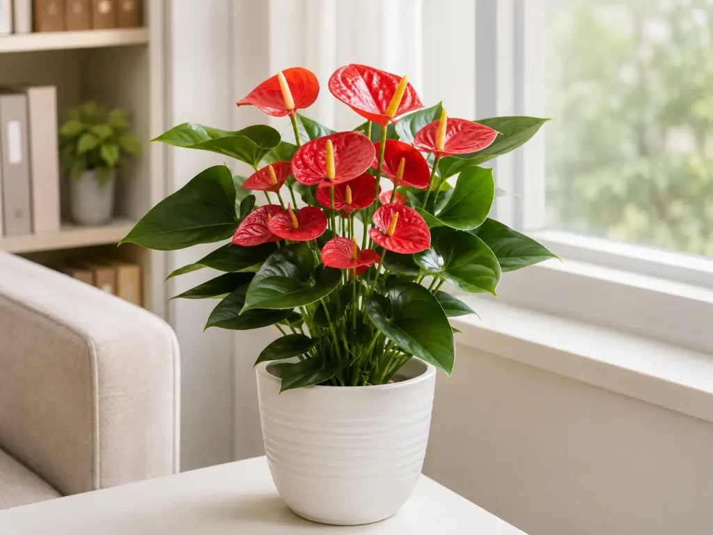 Cây Hồng Môn đặt gần cửa sổ có ánh sáng gián tiếp Hình ảnh cây Hồng Môn đỏ đặt gần cửa sổ trong không gian nội thất sáng nhẹ.