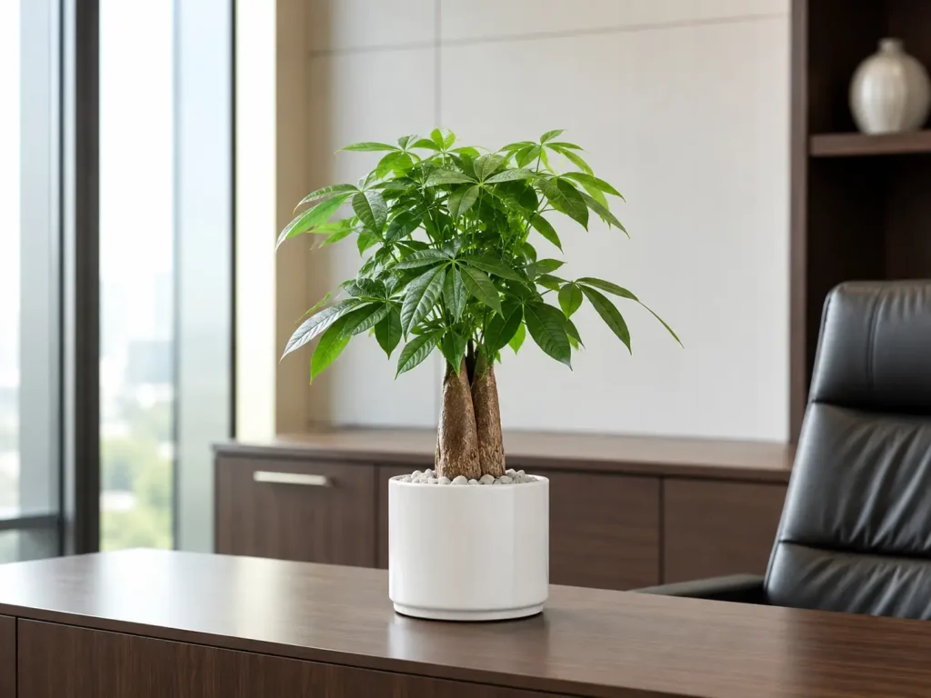 Hình ảnh cây Kim Ngân với thân gỗ nổi bật, tán lá xanh cân đối và chậu trắng trang nhã, phù hợp trang trí phòng giám đốc, phòng họp, bàn tiếp khách hoặc văn phòng cao cấp.