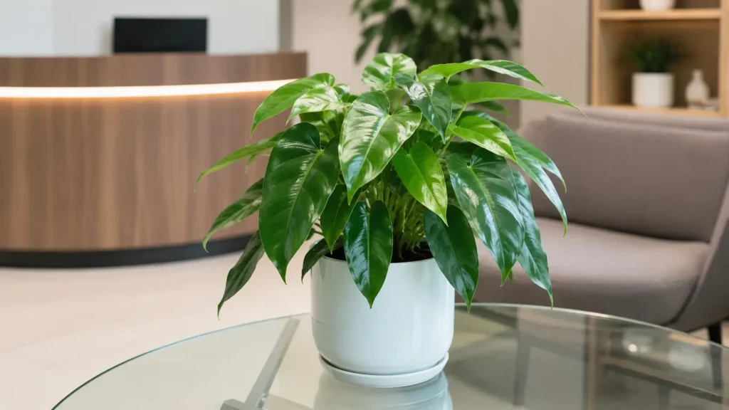 Hình ảnh cây Trầu Bà Tỷ Phú phối chậu trắng đặt trên bàn kính trong không gian quầy lễ tân hoặc khu vực tiếp khách văn phòng