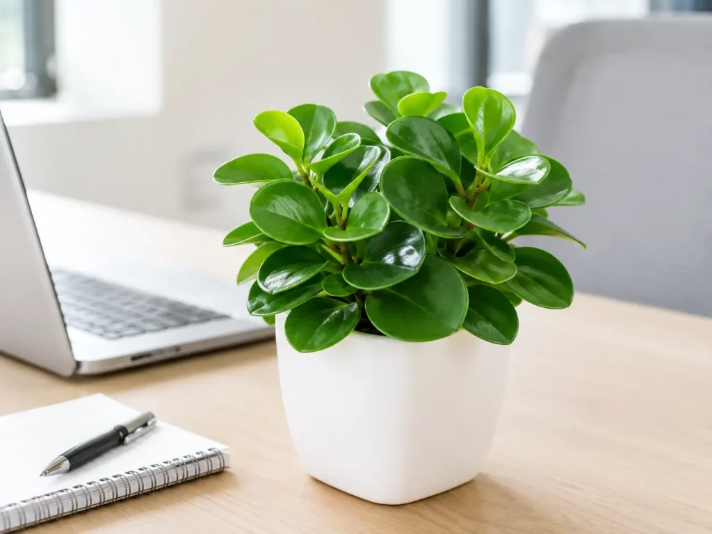 Cây Trường Sinh để bàn được phối chậu trắng, đặt trong không gian văn phòng sáng, phù hợp trang trí bàn làm việc, bàn học hoặc góc làm việc tại nhà.
