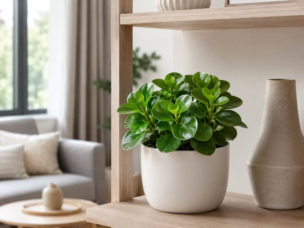 Hình ảnh cây Trường Sinh phối chậu sáng màu, đặt trên kệ gỗ trong phòng khách hiện đại, phù hợp minh họa cây nội thất để bàn hoặc kệ trang trí.