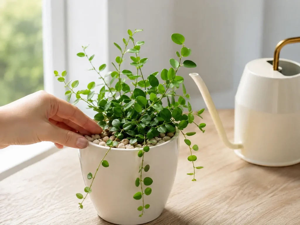 Chăm sóc Cây Đô La để bàn đúng cách Hình ảnh minh họa cách chăm sóc Cây Đô La để bàn với chậu cây, sỏi phủ mặt chậu và bình tưới nhỏ trong không gian sáng tự nhiên.