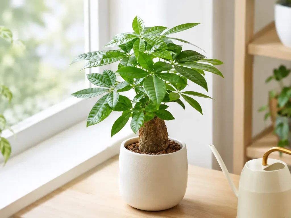 Hình ảnh minh họa chăm sóc cây Kim Ngân để bàn trong nhà, phù hợp cho nội dung hướng dẫn tưới nước vừa đủ, đặt cây nơi sáng gián tiếp và giữ lá cây sạch đẹp.