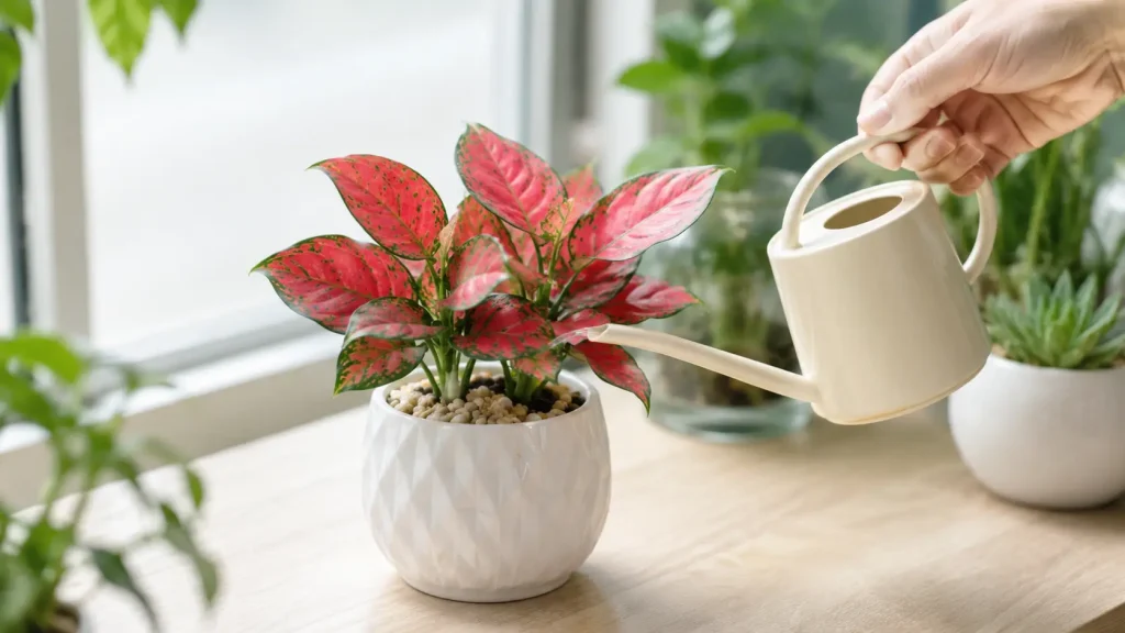 Hình ảnh chăm sóc cây Vạn Lộc trong chậu để bàn, phù hợp minh họa nội dung hướng dẫn tưới nước và chăm cây nội thất.