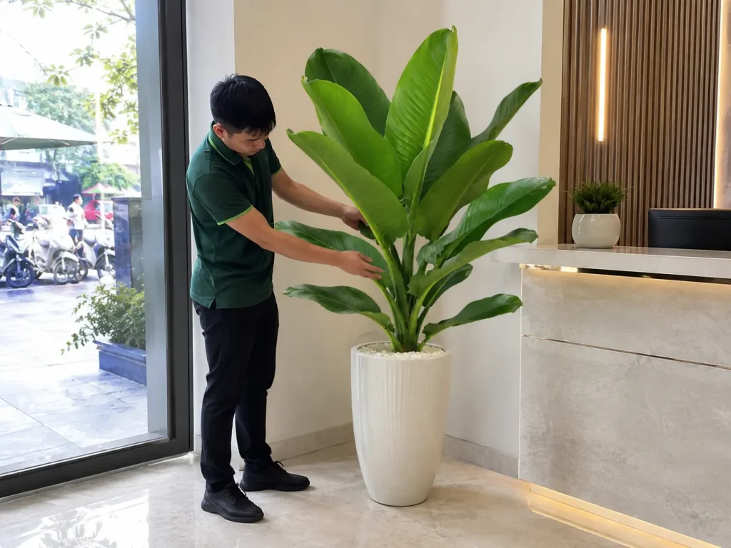Hình ảnh nhân viên kiểm tra và bố trí Cây Đại Phú Gia sau khi giao đến văn phòng hoặc sảnh tiếp khách, tạo cảm giác chuyên nghiệp và đáng tin cậy.