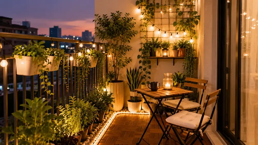Thiết kế ban công chill phong cách cafe với ánh đèn vàng ấm, bàn ghế nhỏ gọn và cây xanh decor giúp tạo không gian thư giãn nhẹ nhàng cho căn hộ chung cư hoặc nhà phố.