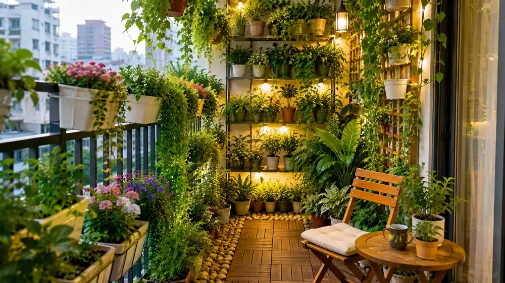 Mẫu thiết kế ban công trồng nhiều cây xanh với hệ kệ tầng, cây leo và chậu cây bố trí hài hòa giúp tạo không gian xanh mát, gần gũi thiên nhiên cho căn hộ tại TP.HCM.