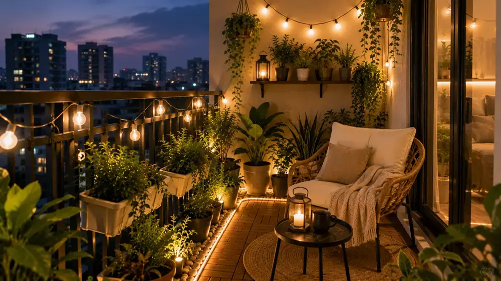 Mẫu thiết kế ban công chill thư giãn với ánh sáng vàng, bàn cafe nhỏ và cây xanh decor giúp tạo không gian đọc sách, uống trà hoặc ngắm thành phố tại TP.HCM.