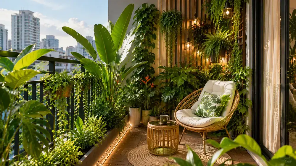 Thiết kế ban công phong cách tropical với cây chuối rẻ quạt, trầu bà leo cột, dương xỉ và nội thất tone tự nhiên giúp tạo không gian xanh mát, thư giãn và phù hợp khí hậu nóng ẩm tại TP.HCM.