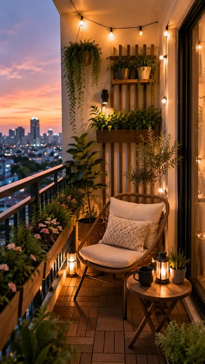 Mẫu thiết kế ban công chill phong cách hiện đại với ánh sáng vàng, ghế mây thư giãn và cây xanh decor giúp tạo góc đọc sách hoặc uống cafe thư thái tại nhà.