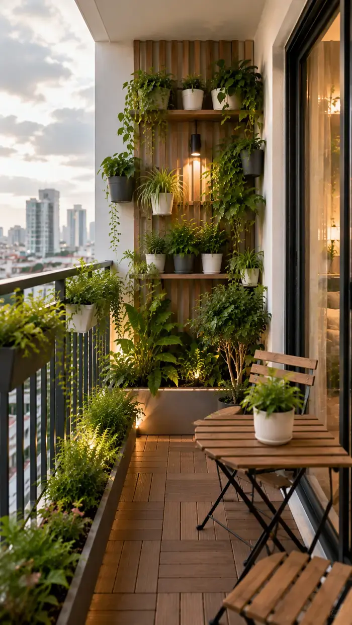 Mẫu thiết kế ban công chung cư với cây xanh bố trí khoa học, kệ treo và chậu cây hiện đại giúp tối ưu diện tích và tạo không gian thư giãn xanh mát cho căn hộ tại TP.HCM.