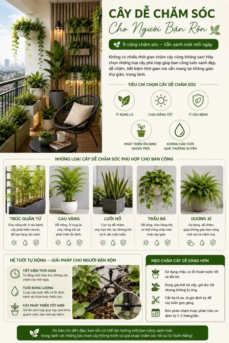 Infographic về các loại cây dễ chăm sóc cho ban công như lưỡi hổ, trầu bà, cau vàng và trúc quân tử kết hợp hệ tưới tự động giúp tiết kiệm thời gian chăm cây.