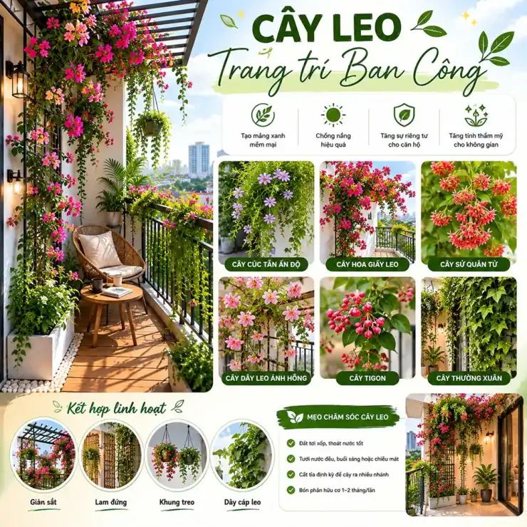 Infographic giới thiệu các loại cây leo trang trí ban công như cúc tần Ấn Độ, hoa giấy leo, tigon và thường xuân kết hợp giàn sắt và lam đứng tạo không gian xanh tự nhiên.