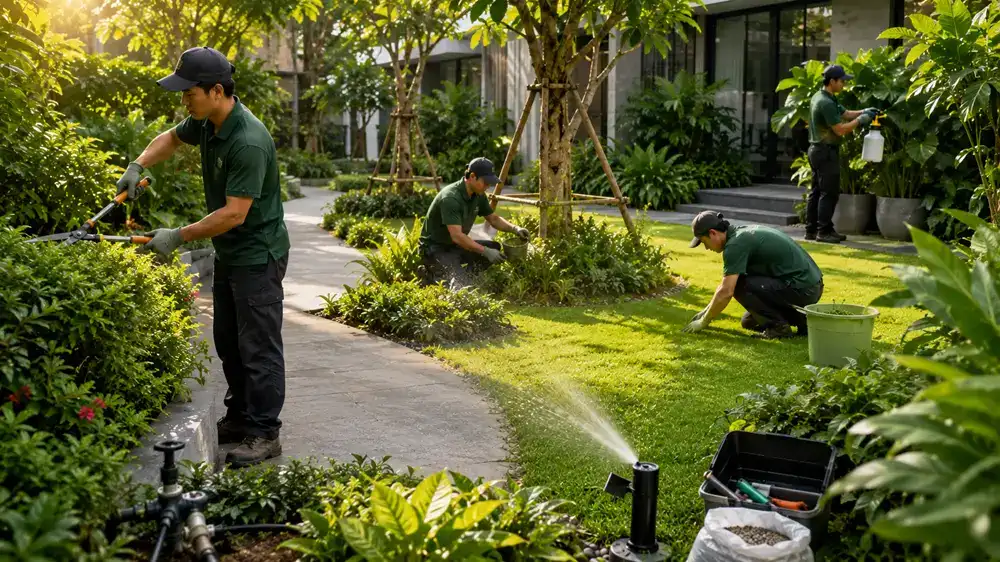 Nhân viên chăm sóc cảnh quan đang cắt tỉa cây và bảo dưỡng sân vườn xanh mát Đội ngũ chăm sóc cảnh quan đang cắt tỉa cây, tưới nước và bảo dưỡng sân vườn nhằm duy trì vẻ đẹp xanh mát cho không gian ngoài trời.