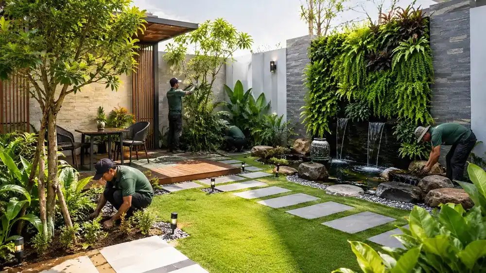 Đội ngũ thi công cảnh quan sân vườn với cây xanh, thảm cỏ và tiểu cảnh nước hiện đại Hình ảnh đội ngũ thi công cảnh quan đang hoàn thiện sân vườn với cây xanh, thảm cỏ, vườn đứng và tiểu cảnh nước trong không gian hiện đại.