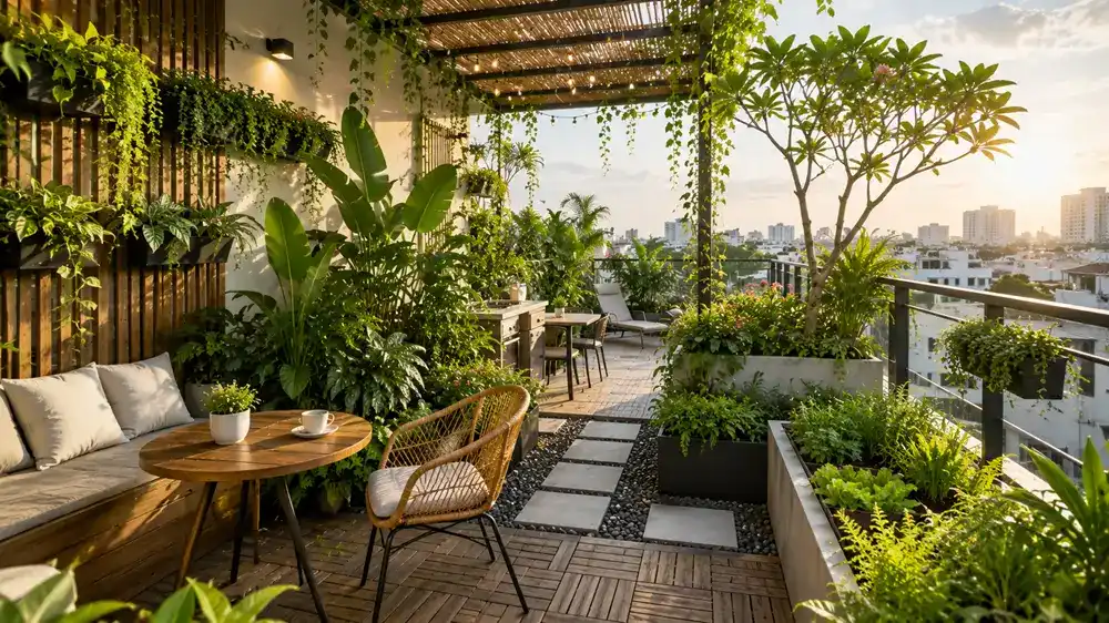 Ban công sân thượng xanh với cây tropical và góc chill thư giãn ngoài trời Ban công sân thượng được thiết kế theo phong cách tropical với nhiều cây xanh, góc chill uống cafe và không gian thư giãn ngoài trời tại TP.HCM.
