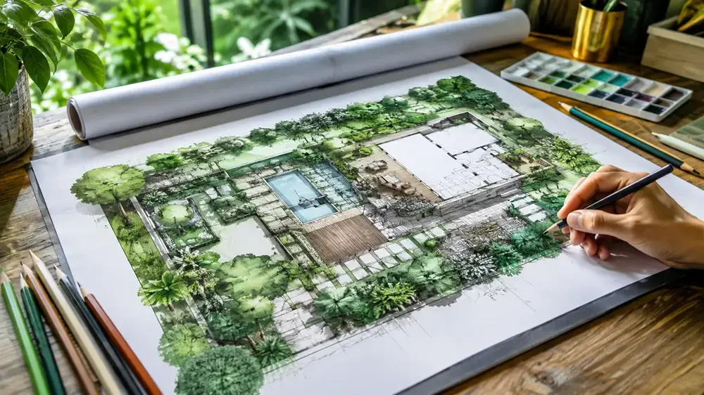 Bản vẽ thiết kế cảnh quan sân vườn với cây xanh và bố cục không gian hiện đại tại TP.HCM Hình ảnh minh họa quá trình thiết kế cảnh quan với bản vẽ sân vườn, bố cục cây xanh và không gian thư giãn hiện đại dành cho nhà phố, biệt thự và quán cafe tại TP.HCM.
