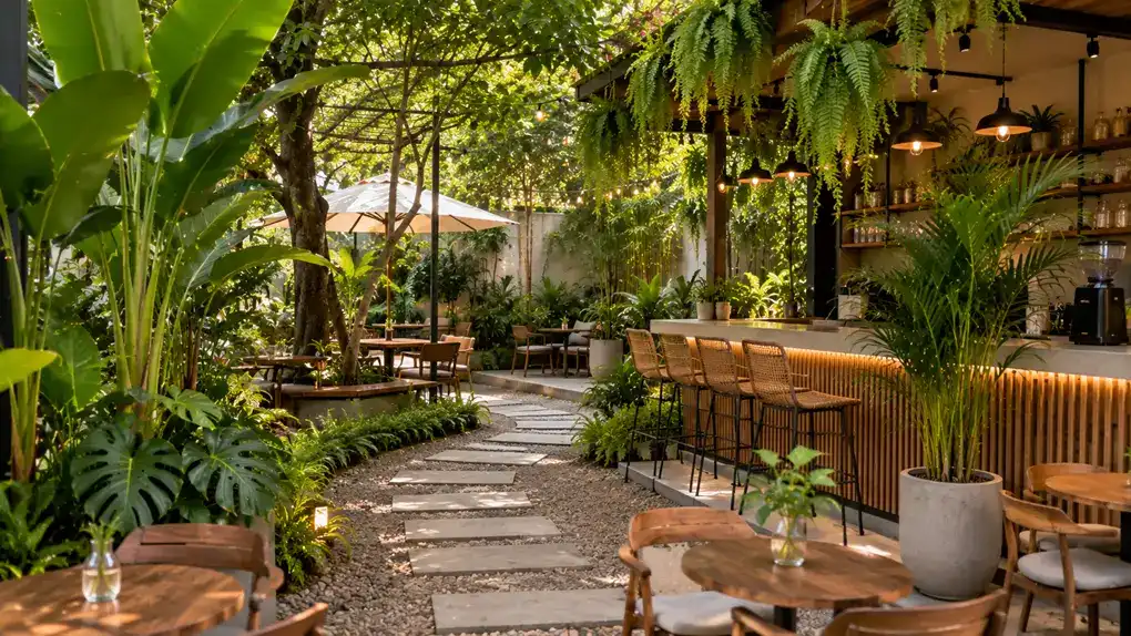 Hình ảnh minh họa quán cafe sân vườn với phong cách tropical hiện đại sử dụng cây chuối cảnh, monstera, cau vàng và dương xỉ treo để tạo không gian xanh mát và tự nhiên. Cây xanh được bố trí dọc lối đi, khu vực quầy bar và các góc check-in ngoài trời.