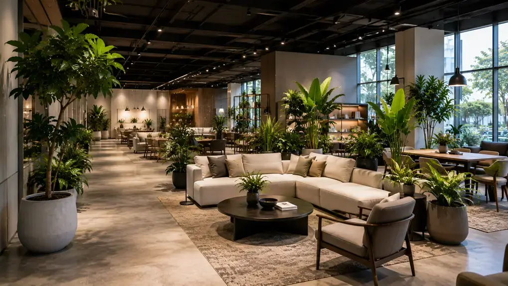 Hình ảnh minh họa showroom nội thất hiện đại được setup với các dòng cây lá lớn như bàng Singapore, chuối cảnh và thiết mộc lan. Cây xanh được bố trí tại khu vực sofa, lối đi và không gian trưng bày nhằm tạo cảm giác mềm mại và hài hòa hơn cho tổng thể showroom.