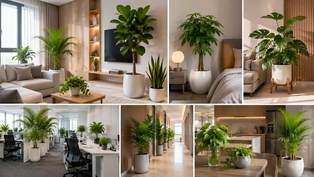 Hình ảnh minh họa nhiều không gian nội thất hiện đại được setup cây cảnh trong nhà như phòng khách, phòng ngủ, văn phòng và khu bếp. Các dòng cây như kim ngân, monstera, lưỡi hổ và cau cảnh được sử dụng nhằm tạo điểm nhấn xanh mát và phù hợp với phong cách sống hiện đại.
