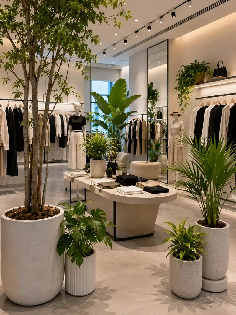Hình ảnh minh họa showroom thời trang hiện đại với phong cách tối giản sử dụng các dòng cây như monstera, cau cảnh và cây lá lớn để tạo điểm nhấn không gian. Cây xanh được bố trí tại khu vực trưng bày và lối đi nhằm tăng chiều sâu và sự sang trọng cho showroom.