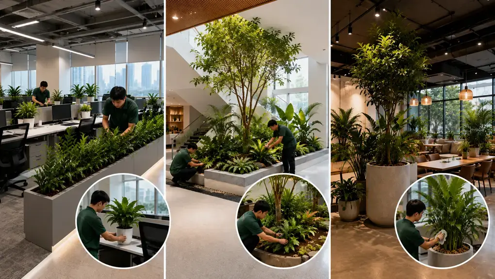 Hình ảnh minh họa quá trình setup và thi công cây xanh trong nhiều không gian hiện đại như văn phòng, sảnh lớn và khu vực kinh doanh. Nhân sự đang bố trí, chăm sóc và setup các dòng cây nội thất, cây công trình và cây decor nhằm tạo nên không gian xanh hài hòa, hiện đại và gần gũi thiên nhiên hơn.