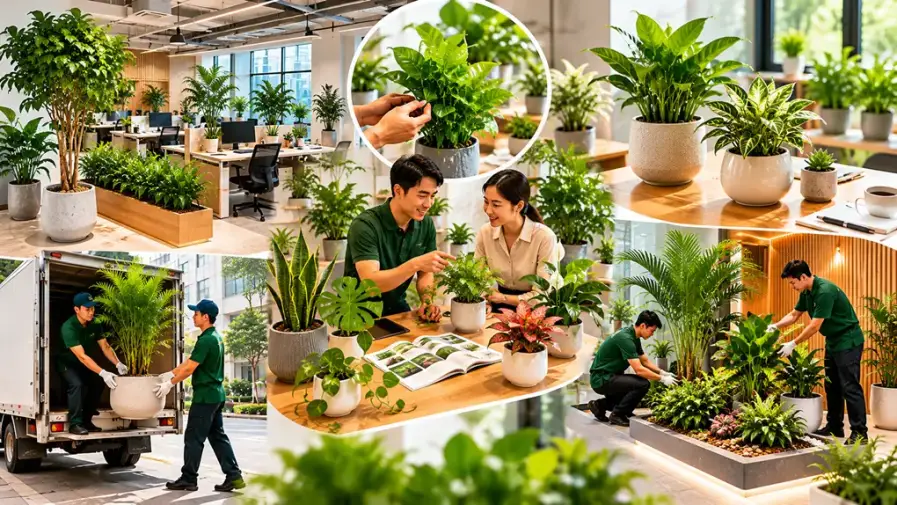 Hình ảnh minh họa quy trình cung cấp và setup cây cảnh chuyên nghiệp với nhiều hoạt động như tư vấn lựa chọn cây, vận chuyển cây xanh, setup cảnh quan và bố trí cây nội thất cho văn phòng và không gian thương mại. Không gian sử dụng đa dạng các dòng cây nội thất, cây ngoại thất và cây công trình nhằm tạo môi trường xanh hiện đại và hài hòa hơn.