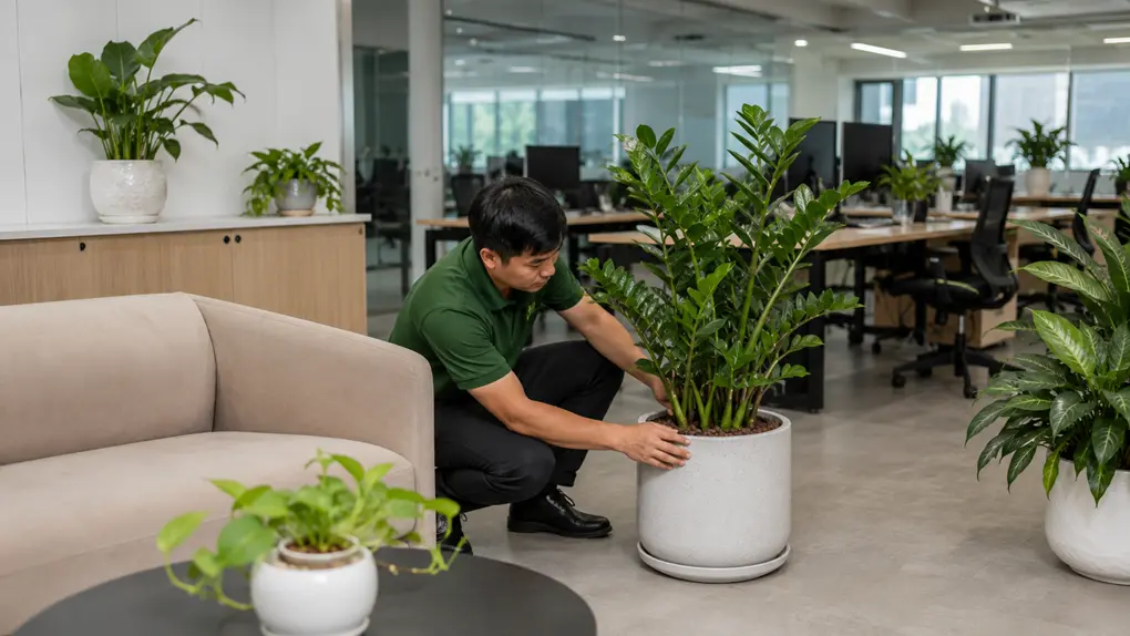 Dịch vụ chăm sóc và bảo dưỡng cây cảnh tại TP.HCM Hình ảnh minh họa nhân viên kiểm tra độ ẩm, vệ sinh lá, cắt tỉa cây.
