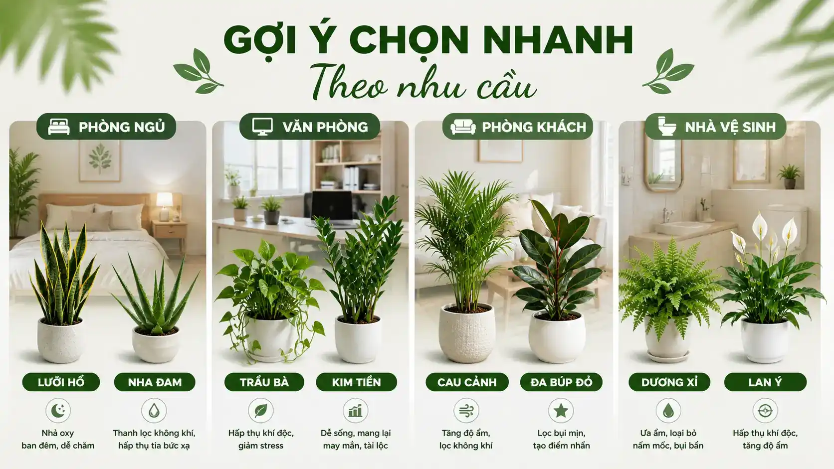 Gợi ý chọn cây lọc không khí phù hợp theo từng không gian sống và làm việc như phòng ngủ, văn phòng, phòng khách và nhà vệ sinh. Hình ảnh minh họa cách chọn cây cảnh trong nhà lọc không khí theo từng không gian thực tế. Phòng ngủ phù hợp với cây lưỡi hổ và nha đam; văn phòng nên dùng trầu bà, kim tiền; phòng khách phù hợp cau cảnh, đa búp đỏ; nhà vệ sinh thích hợp với dương xỉ và lan ý.